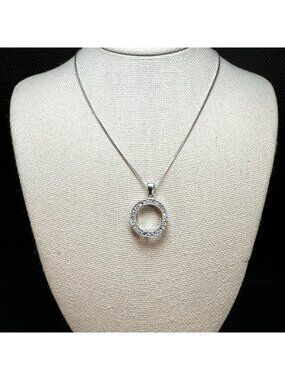 Cubic Zirconia Circle Pendant Necklace VTG Sterling Silver 925 Box Link 18''